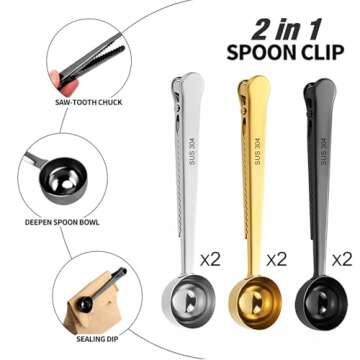 6 Pack Coffee Scoop Clip Stainless Steel Coffee Scoops Spoon Sealing Clip 2-in-1 Tablespoon Coffee Scoop Measuring Spoon with Sealing Bag Clip