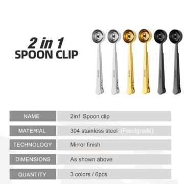 6 Pack Coffee Scoop Clip Stainless Steel Coffee Scoops Spoon Sealing Clip 2-in-1 Tablespoon Coffee Scoop Measuring Spoon with Sealing Bag Clip