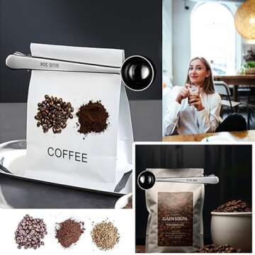6 Pack Coffee Scoop Clip Stainless Steel Coffee Scoops Spoon Sealing Clip 2-in-1 Tablespoon Coffee Scoop Measuring Spoon with Sealing Bag Clip