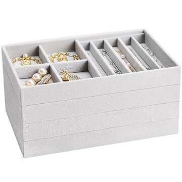 ProCase Stackable Jewelry Organizer Trays for Drawers, Jewelry Drawer Inserts Container Display Case Storage for Earring Necklace Rings Bracelet with Removable Dividers -Grey, 4 Layers