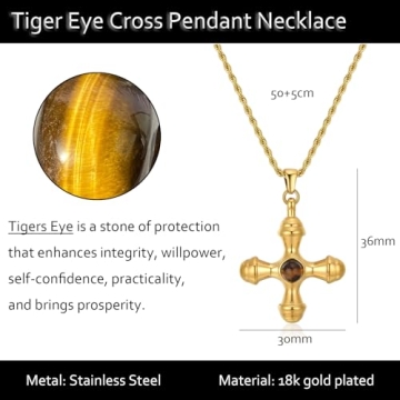 NUZON Gold Plated Cross Necklace with Tiger Eye Stone