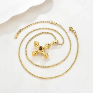 NUZON Gold Plated Cross Necklace with Tiger Eye Stone