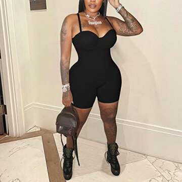 Qusuny Sexy Jumpsuit for Women Sleeveless Spaghetti Strap Bodycon Solid Summer Clubwear Short Rompers One Piece Bodysuit Black M