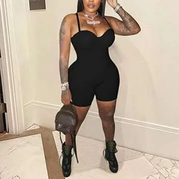 Qusuny Sexy Jumpsuit for Women Sleeveless Spaghetti Strap Bodycon Solid Summer Clubwear Short Rompers One Piece Bodysuit Black M