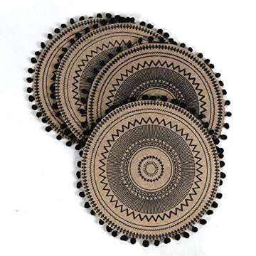 Lahome Mandala Print Round Placemat - Farmhouse Jute Table Mats with Pompom Tassel 15 Inch Place Mat for Dining Room Kitchen Table Decor (Black, 4)