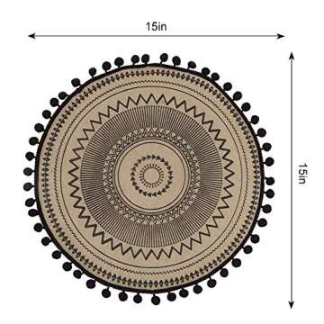 Lahome Mandala Print Round Placemat - Farmhouse Jute Table Mats with Pompom Tassel 15 Inch Place Mat for Dining Room Kitchen Table Decor (Black, 4)