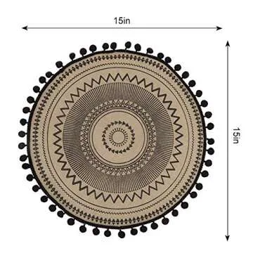 Lahome Mandala Print Round Placemat - Farmhouse Jute Table Mats with Pompom Tassel 15 Inch Place Mat for Dining Room Kitchen Table Decor (Black, 4)