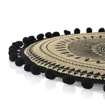 Lahome Mandala Print Round Placemat - Farmhouse Jute Table Mats with Pompom Tassel 15 Inch Place Mat for Dining Room Kitchen Table Decor (Black, 4)