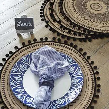 Lahome Mandala Print Round Placemat - Farmhouse Jute Table Mats with Pompom Tassel 15 Inch Place Mat for Dining Room Kitchen Table Decor (Black, 4)