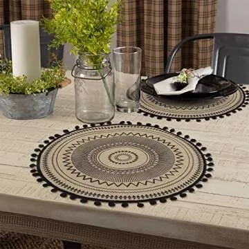 Lahome Mandala Print Round Placemat - Farmhouse Jute Table Mats with Pompom Tassel 15 Inch Place Mat for Dining Room Kitchen Table Decor (Black, 4)