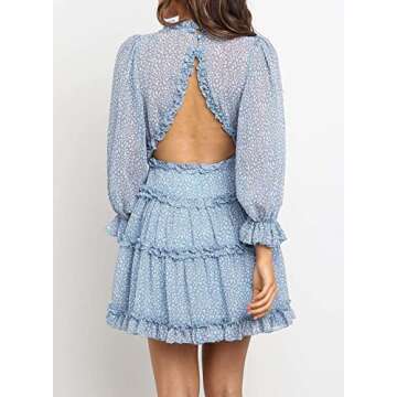 Happy Sailed Womens Cocktail Party Dresses 2024 Spring Summer Long Sleeve Ruffle Layer Empire Waist Boho Swing Mini Dress Medium Sky Blue