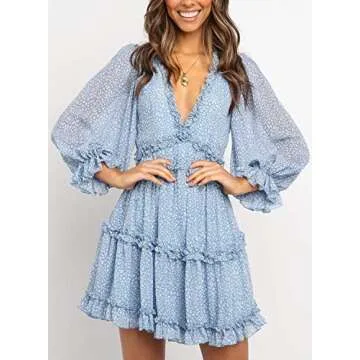 Happy Sailed Womens Cocktail Party Dresses 2024 Spring Summer Long Sleeve Ruffle Layer Empire Waist Boho Swing Mini Dress Medium Sky Blue