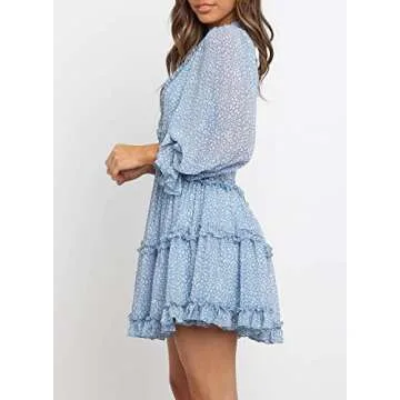 Happy Sailed Womens Cocktail Party Dresses 2024 Spring Summer Long Sleeve Ruffle Layer Empire Waist Boho Swing Mini Dress Medium Sky Blue