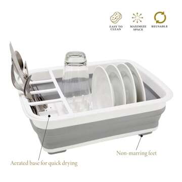 Kitchen Details Collapsible Dish Drying Rack | Space Saver | Aerated Bases Drain Holes | Plates, Bowls, Utensils Compartments | Countertop and Sink Storage | White/Grey