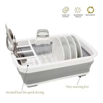Kitchen Details Collapsible Dish Drying Rack | Space Saver | Aerated Bases Drain Holes | Plates, Bowls, Utensils Compartments | Countertop and Sink Storage | White/Grey