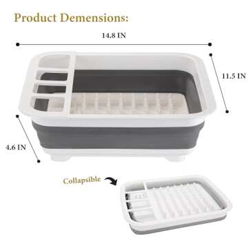 Kitchen Details Collapsible Dish Drying Rack | Space Saver | Aerated Bases Drain Holes | Plates, Bowls, Utensils Compartments | Countertop and Sink Storage | White/Grey