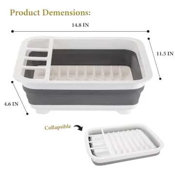 Kitchen Details Collapsible Dish Drying Rack | Space Saver | Aerated Bases Drain Holes | Plates, Bowls, Utensils Compartments | Countertop and Sink Storage | White/Grey