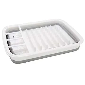 Kitchen Details Collapsible Dish Drying Rack | Space Saver | Aerated Bases Drain Holes | Plates, Bowls, Utensils Compartments | Countertop and Sink Storage | White/Grey