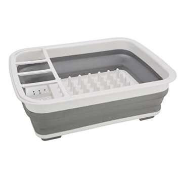 Kitchen Details Collapsible Dish Drying Rack | Space Saver | Aerated Bases Drain Holes | Plates, Bowls, Utensils Compartments | Countertop and Sink Storage | White/Grey