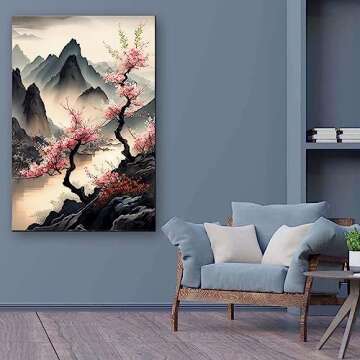Startonight Canvas Wall Art - Trees Mountain Pink Japan Painting, Landscape Flowers Stretched Print, Modern Artwork for Living Room, Ready to Hang Home Decor Large 32" x 48"