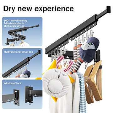 Wall Mounted Clothes Drying Rack - Retractable, Collapsible, Folding with Clips - Perfect for Laundry Room Organization