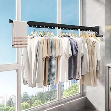 Wall Mounted Clothes Drying Rack - Retractable, Collapsible, Folding with Clips - Perfect for Laundry Room Organization