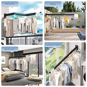 Wall Mounted Clothes Drying Rack - Retractable, Collapsible, Folding with Clips - Perfect for Laundry Room Organization