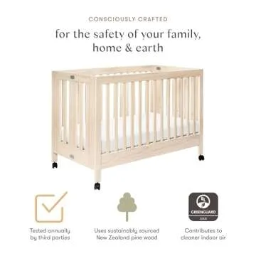 Babyletto Maki Full-Size 2-in-1 Portable Folding Crib with Toddler Bed Conversion Kit in Washed Natural, Greenguard Gold Certified