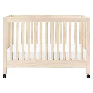 Babyletto Maki Full-Size 2-in-1 Portable Folding Crib with Toddler Bed Conversion Kit in Washed Natural, Greenguard Gold Certified