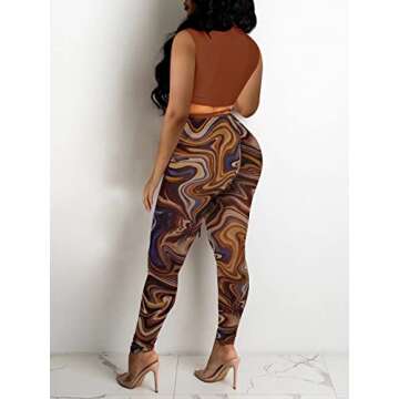 Women's Sexy Two Piece Tracksuit Outfits Bandage Waist Crop Top See Through Leggings Clubwear Coffee XL