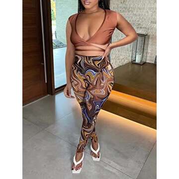 Women's Sexy Two Piece Tracksuit Outfits Bandage Waist Crop Top See Through Leggings Clubwear Coffee XL