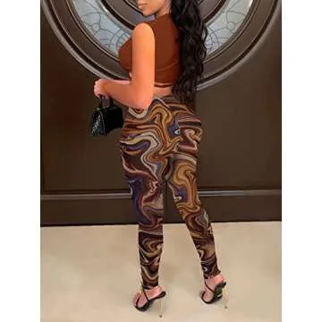 Women's Sexy Two Piece Tracksuit Outfits Bandage Waist Crop Top See Through Leggings Clubwear Coffee XL