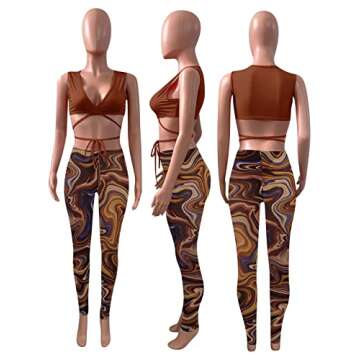 Women's Sexy Two Piece Tracksuit Outfits Bandage Waist Crop Top See Through Leggings Clubwear Coffee XL