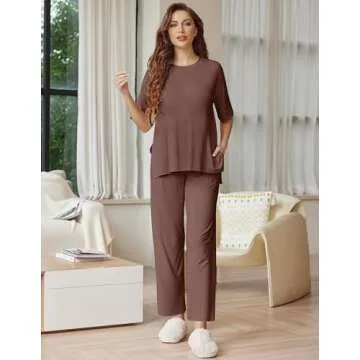 Ekouaer Lounge Sets for Women Short Sleeve Tops and Long Pants Soft Comfy Pajamas Set 2 Piece Outfits,Brown,S