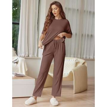 Ekouaer Lounge Sets for Women Short Sleeve Tops and Long Pants Soft Comfy Pajamas Set 2 Piece Outfits,Brown,S