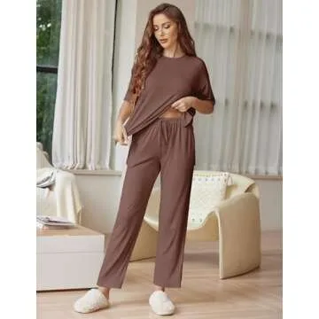 Ekouaer Lounge Sets for Women Short Sleeve Tops and Long Pants Soft Comfy Pajamas Set 2 Piece Outfits,Brown,S
