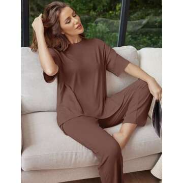 Ekouaer Lounge Sets for Women Short Sleeve Tops and Long Pants Soft Comfy Pajamas Set 2 Piece Outfits,Brown,S