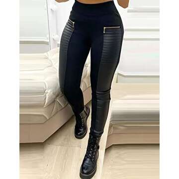 Flamingals Faux Leather Mid Waisted Tummy Control Motorcycle Leggings for Women Stretchy with Pocket...
