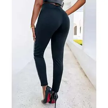 Flamingals Faux Leather Mid Waisted Tummy Control Motorcycle Leggings for Women Stretchy with Pockets Patch Zip Black L