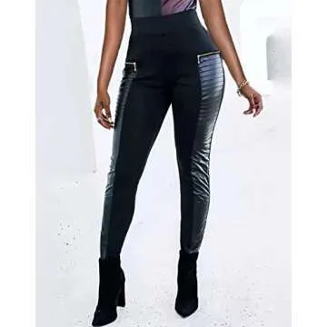Flamingals Faux Leather Mid Waisted Tummy Control Motorcycle Leggings for Women Stretchy with Pockets Patch Zip Black L