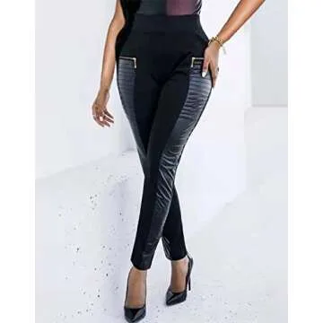 Flamingals Faux Leather Mid Waisted Tummy Control Motorcycle Leggings for Women Stretchy with Pockets Patch Zip Black L