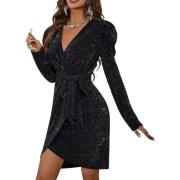 YIQ8 Sparkly Women's Elegant Deep V Neck High Waist Wrap Long Sleeve Mini Dress with Bow Belt Party Club Dress