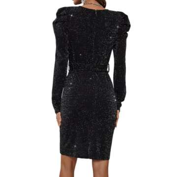 YIQ8 Sparkly Women's Elegant Deep V Neck High Waist Wrap Long Sleeve Mini Dress with Bow Belt Party Club Dress