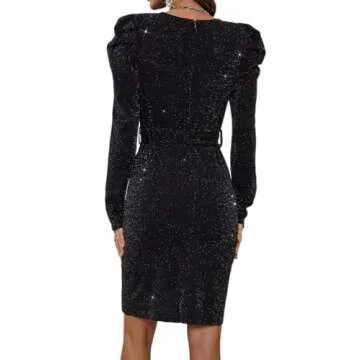 YIQ8 Sparkly Women's Elegant Deep V Neck High Waist Wrap Long Sleeve Mini Dress with Bow Belt Party Club Dress