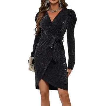 YIQ8 Sparkly Women's Elegant Deep V Neck High Waist Wrap Long Sleeve Mini Dress with Bow Belt Party Club Dress