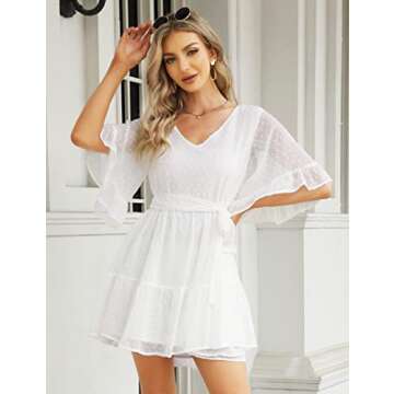White Dress for Women Summer Chiffon Bridal Shower Dress Swiss Dot Bell Sleeve V Neck Mini Dress Belted Flowy Short Dresses