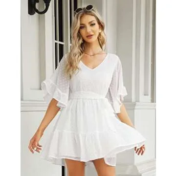 White Dress for Women Summer Chiffon Bridal Shower Dress Swiss Dot Bell Sleeve V Neck Mini Dress Belted Flowy Short Dresses