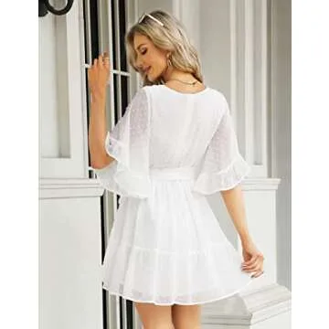 White Dress for Women Summer Chiffon Bridal Shower Dress Swiss Dot Bell Sleeve V Neck Mini Dress Belted Flowy Short Dresses