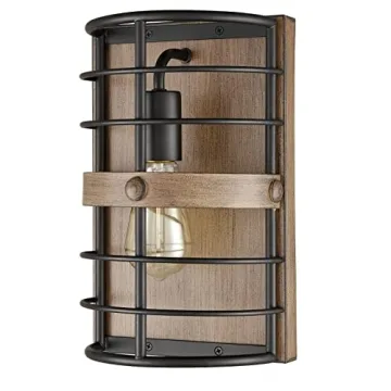 HYDELITE Farmhouse Wall Sconce - Black Wall Light Cage with Wood Grain Finish 1-Light