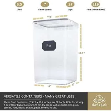 Chef's Path Extra Large Food Storage Containers (8 Pack) with Lids Airtight for Flour Sugar & Rice - Airtight Kitchen & Pantry Organization for Bulk Food Storage - with Markers Labels & Measuring Cups